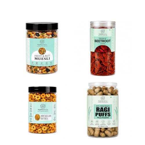 Image of WellNuts & Co. Healthy Snack Combo Pack of 4 |Fruit Nut Meusli - 200g, Masala Beetroot Chips - 150g, Mexican Bites - 200g, Ragi Puffs Mild Pudina - 200g| Roasted & Ready to Eat Snacks | High Protein & High Fiber Combo | Snacks for Healthy Everyday
