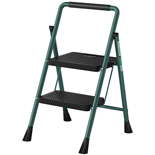 2 Step Ladder, RIKADE Folding Step Stool, Step Stool with Wide Anti-Slip Pedal, Lightweight, Portable Folding Step Ladder with Handgrip, Multi-use Steel Ladder for Household and Office