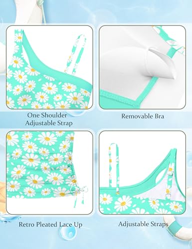 Image of AGAPENG Girls Swimsuit Two Piece One Shoulder Tankini Floral Print Drawstring Swimwear Set 7-14Y