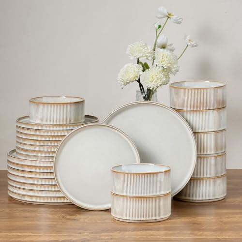 Image of E-far 24-Piece Stoneware Dinnerware Sets, Plates and Bowls Sets for 8, Kitchen Modern Dinning Porcelain Dishes Set, Chip & Scratch Resistant, Dishwasher & Microwave Safe, Creamy Beige