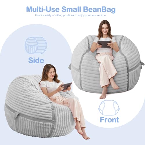 Image of 3FT Bean Bag Chair 3'Big Bean Bag Chairs with Adults, Large Beanbag Chair | Bean bags with Machine Washable Cover Corded Plush Fabric, Comfy Chairs for Living Room, Bedroom, Dorm, Lightgrey