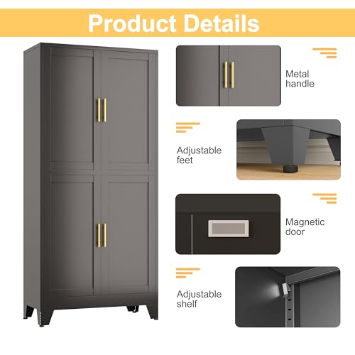 Image of PAOFIN Black Metal Storage Cabinet with 4 Doors and 4 Adjustable Shelves, Adjustable Leveling Foot for Kitchen, Living Room and Dining Room. 75 inch H