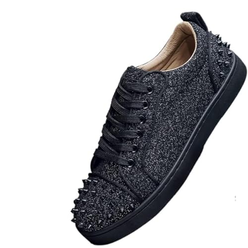 Men's Fashion Sneakers with Studs and Rhinestones, Chunky Sole Casual Skate Shoes for Men, Breathable Low Top Round Toe Lace-Up Walking Shoes