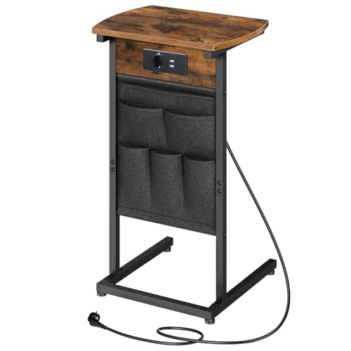 HOOBRO Bout de Canapé avec Station de Charge, Table d'Appoint en Forme de C, avec Pochettes en Non-tissé, Marron Rustique et Noir EBF40CSF01