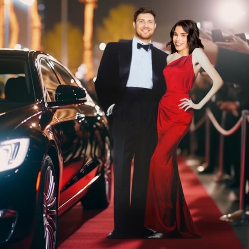Image of DoubleFill 5 Ft Movie Awards Night Party Decorations Red Carpet Couple Stand-in Cardboard Cutout Stand Up Movie Premiere Red Carpet Photo Prop Backdrop for Prom Night Theme Party Decorations