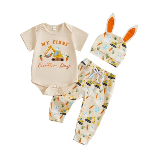 GOOCHEER Newborn Baby Boy Easter Outfit Carrot Letter Short Sleeve Romper Long Pants Bunny Ear Hat 3PCS Set (Orange 3-6 Months)
