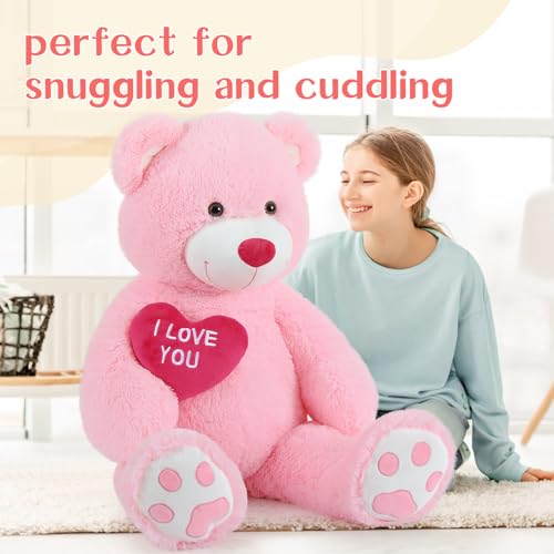 MorisMos 130cm Teddybär groß XXL mit Herz I Love You, Rosa riesen Teddys, großer Bär Kuscheltier XXL, Kinder Mädchen Freundin Frauen Mutter