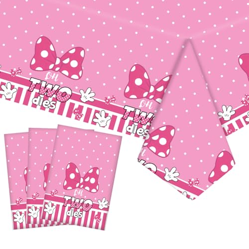 Kilyparty 3 Packs Cartoon Pink Bow Mouse Tablecloth Disposable Pink Polka Dot Birthday Decorations Perfect for Girls Birthday Baby Shower54x108 inch