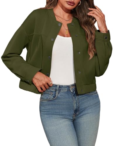 Tankaneo Womens Cropped Bomber Jackets Casual Button Down Long Sleeve Stand Collar Fall Coats2
