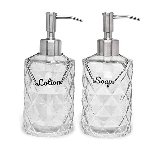 KreaSHen Soap and Lotion Dispenser Set with Soap/Lotion Label Tags, Stainless Steel Pump, Bathroom Vanity for Farmhouse, Vintage, Modern Decor (Diamond Shape)