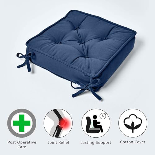 HOMESCAPES Navy Blue Dining Chair Booster Cushion Large Firm 40 cm Square Seat Pad with Supportive 10 cm Thick Lift Soft Dark Blue Cotton Cushion For The Elderly, Post-Operative and Pregnancy