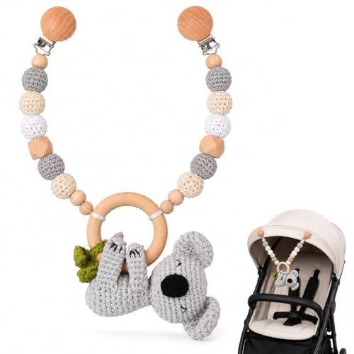 Kinderwagenkette Holz Baby, Kinderwagen Spielzeug mit Baumwolle Gehäkelt Kinderwagen Kette für Babys Kinderwagenkette Mädchen Junge Babyschale Spielzeug für Babys und Kleinkinder ab 0-36 Monaten