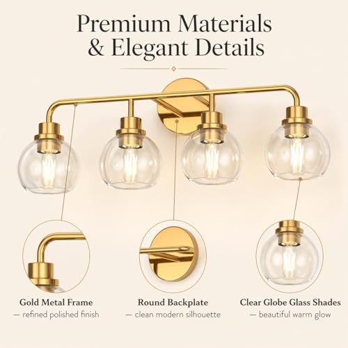 Image of DORESshop Bathroom Light Fixtures, 4-Light Gold Vanity Lights Over Mirror, Wall Lamp Clear Glass for Living Room Decor Bedroom Porch Cabinet