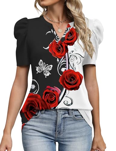 Image of LOMON Spring Summer Tops for Women 2026 V Neck Puff Short Sleeve Tops Fashion Trendy Work Blouses Dressy Casual S-XXL