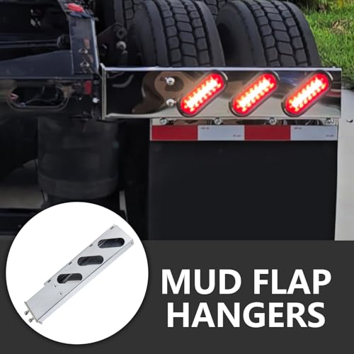 Image of Stainless Steel Mud Flap Hanger Set with Oval Light Cutouts 2-1 /2 inch Bolt Spacing 30 inch Length Rear Bar for Semi Trucks, 2.5 inch Bolt Spring Loaded with Aluminum Reflective Tapes