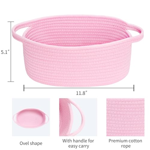 Image of ABenkle Small Basket with Handles, Boho Decorative Rope Woven Dog Cat Toy Storage Bin Shelf Storage Organizer, Easter Christmas Gift Basket, 12 inchx8 inchx5 inch, Pink