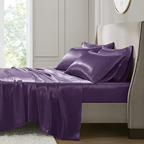 Image of Madison Park Essentials Satin Sheets King Size Bed Set, 6 Piece, Purple | Luxury and Smooth Silky Bedding with Natural Sheen, All Around Elastic 14 inch Pocket fits up to 16 inch Mattress, Year-Round Cozy