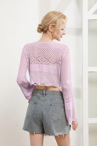 Image of Women's Lightweight Summer V-Neck Tie Front Cropped Cardigan Bell Long Sleeve Crochet Knit Open Front Top