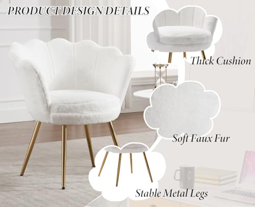 Ya-Home Sessel Wohnzimmer aus Teddystoff, Schminktischstuhl mit Goldfuß Gepolsterter Blumenform Loungesessel Relaxsessel für Wohn/Schlafzimmer, Weiß
