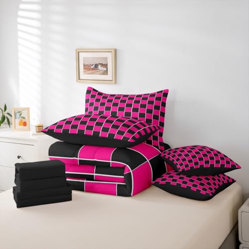 Image of Erosebridal 7 Pcs Hot Pink Black Grids Comforter Set Twin Geometric Checkered Bed in A Bag with Sheets for Kids Girls Teen Women Bedroom Decor,Aesthetics Plaid Bedding Soft Lightweight Bed Set