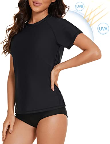 Lecieldusoir Plus Size Women's Swim Shirt Short Sleeve Rash Guard Uv Protection Black Swimsuit Bathing Suit Tops Upf 50+ #TOP1