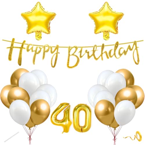 Image of Flyloons 40th Happy Birthday Decoration Kit Gold White for Boys Girls Men Women Adults With 20 Pcs Chrome Balloons Birthday Banner 2 Pcs Star Items Set Golden