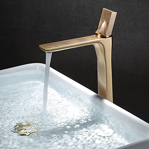 VOTON Gebürsteter Goldener Badezimmer-Wasserhahn - 1-Loch, Einhebel-Waschbeckenarmatur Inkl. Deckplatte & Schläuche