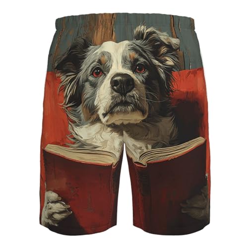 Men Swim Trunks Beach Shorts Swimwear Summer Bathing Suits - Dog Reading Book Retro4