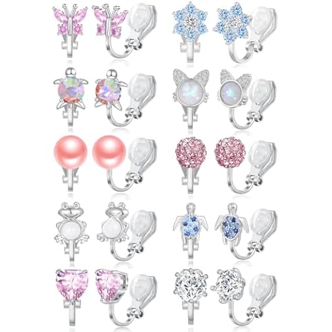 Tornito 10 Pairs Cute Clip on Earrings Butterfly Heart Flower Star Tortoise Cat Opal CZ Clip on Earrings Multicolored Non-Pierced Earrings Set for Women Gold Tone Cover