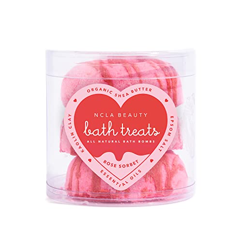 NCLA - Bath Treats All-Natural Heart-Shaped Bath Bombs (Set of 3) | Vegan, Cruelty-Free, Clean Skincare (Limited Edition Rose Sorbet)