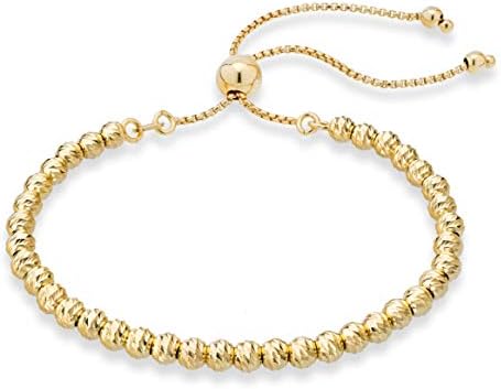 Miabella 925 Sterling Silver or Yellow Gold Over Silver Diamond-Cut Adjustable Bolo 4mm Bead Bracelet for Women, Handmade Italian Beaded Ball Chain Bracelet (yellow-gold-plated-silver)