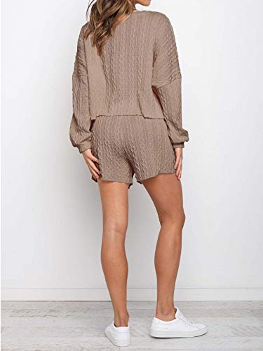 Faroro Women'S 2 Piece Knit Outfits Casual Long Sleeve Tops And Shorts Pajama Set Pullover Loungewear Sets Khaki thumb #3