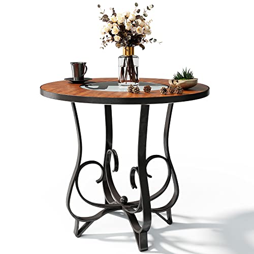 Waktavel Coffee Table,23.6" Small Round Coffee Table W/Tempered Glass Top,Mid Century Rustic Coffee Table With Carved Metal Legs, Creative Round Side Table For Small Spaces,Living Room,Bedroom,Office #TOP6