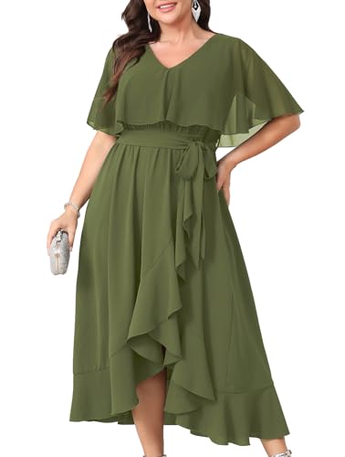 Image of Women Plus Size Long Formal Dress Short Sleeve Chiffon Ruffle V Neck High Low Split Wedding Guest Maxi Dresses