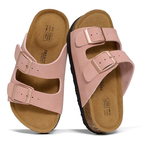 Project Cloud 100% Genuine Leather Kids Sandals - Natural Cork Footbed Non-Slip Slides for Kids - Lightweight Boys & Girls Sandals - Water-Resistant Girls & Boys Sandals (LittleVenita PINKCLY 1K)