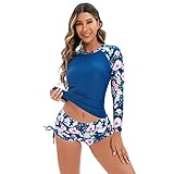 IMEKIS Rash Guard for Women Long Sleeve Swimsuits Rashguard Shirts Surf Board Shorts Sets UV Protection Swimwear Surfing Athletic Padded Tankini Bikini 2 Piece Bathing Suit Peacock Blue Large