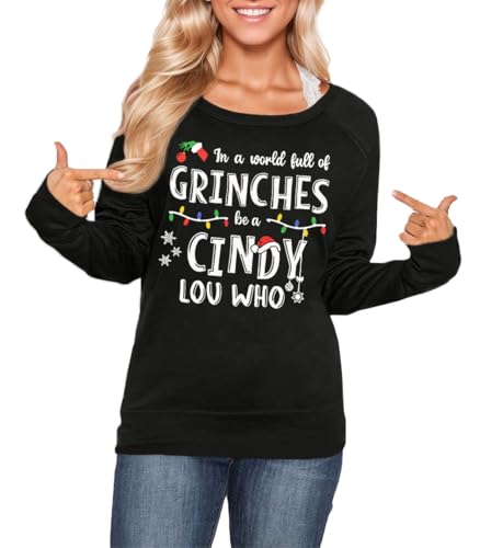 ALIREVERIE Christmas Lady Women's Cotton Cute Shirt Vintage Crewneck Ugly Vacation Sweatshirt Cindy Lov Who XL