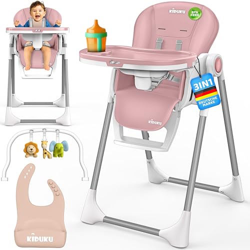 KIDUKU® Hochstuhl Baby 3in1 mit Neugeborenenaufsatz + Lätzchen, Aktivitätsbogen & Tisch | Kinderhochstuhl klappbar mit Liegefunktion | Kombihochstuhl höhenverstellbar | mitwachsend 0-36 Monate