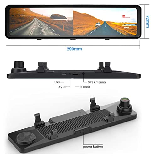 4K WiFi Mirror Dash Cam para carros, câmera de espelho retrovisor com tela sensível ao toque de 12