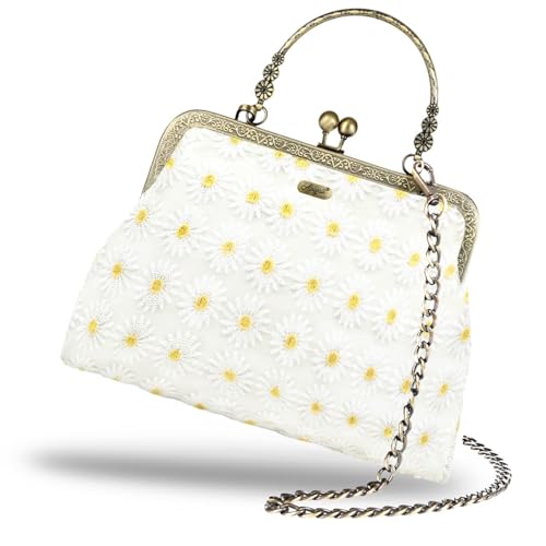 Floral Top-Handle Handbag, Kiss Lock Evening Bag for Women, Vintage Purse with Chain, Women's Retro Clutch Bag for Party(Sunflower)