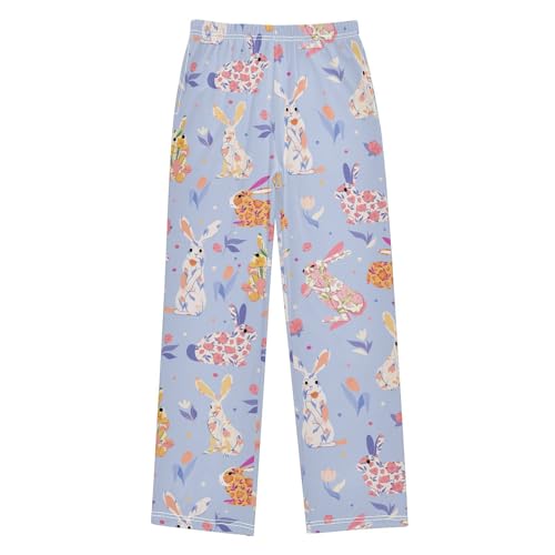 Floral Bunny Boys Long Pants Soft Trousers Elastic Waist Kids Lounge Bottoms with Pockets S-XL