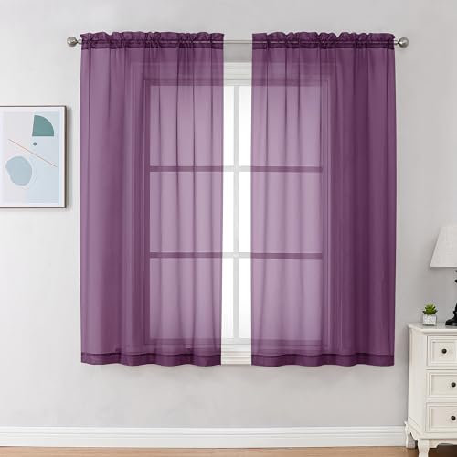 Chyhomenyc Lot de 2 Panneaux de voilages de 160 cm de Long avec Passe-Tringle, Rideaux élégants pour Salon, Chambre à Coucher, 2 Panneaux (Prune, 106,7 x...