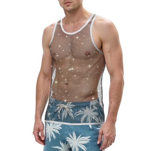 JINSHI Men's Sparkling Sleeveless Sheer Mesh Top, Fishnet Shirt, Sexy Transparent Tee, Ideal for Muscle Display