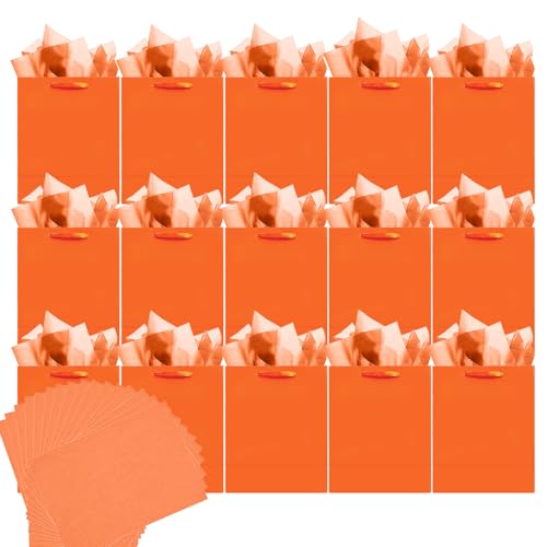 qiqee 24pcs Bright Orange Gift Bags with Tissue Paper for Wedding Birthday Party Supplies-4.7x6.3x2.4 Small Size Cardboard Gift Bags24pcs Bags + Tissue Paper