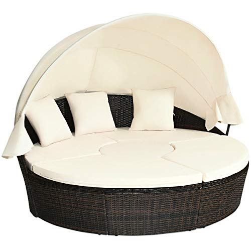 CJ Online Shop Brown Patio Rattan Daybed Cushioned Sofa Adjustable Table Top Canopy 3 Pillows Home Garden Modern Indoor Outdoor Comfortable Sunshade Polyester Waterproof Sun Resistant Pool Side