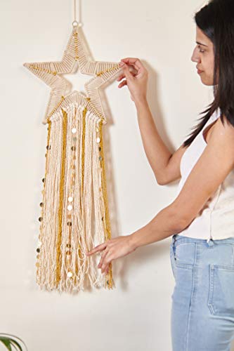 Image of Folkulture Gold Star Macrame Wall Hanging, Wall Decor for Living Room & Bedroom, Boho Farmhouse Style for Teen Girls & Dorm Room, 11 inch x 36 inch Inches