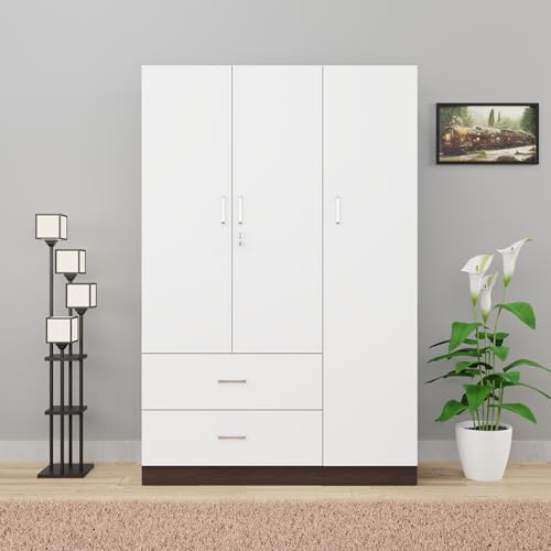 Image of VIKI Wardrobe | Wooden Almirah for Clothes,Door for Bedroom, 3 Door Wardrobe with Drawer & Hanging Space (Dark Wenge, Frosty White - 40D x 120W x 180H) | 1 Year Warranty | Free Assembly