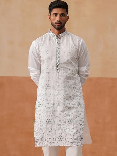 Image of Jompers Men's Silk Blend Embroidered Kurtas (White, M)
