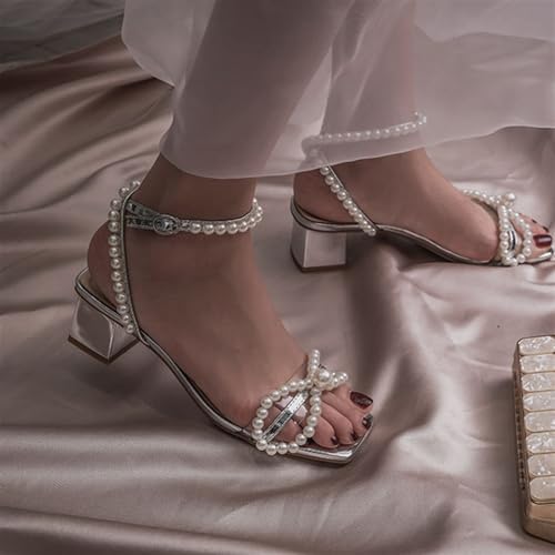 Women's Pearl Chunky Heel Open Toe Ankle Strap Block High Heel Dress Party Sandals Shoes2