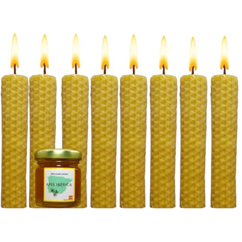Velas de Miel 100% Cera de Abeja Natural Española-Aromaterapia Relajante-8 velas-Duración 3,5 horas-Decoración-Eco-Friendly-Sin Tóxicos-Origen España-Ritual Mágico Buena Suerte 11/22